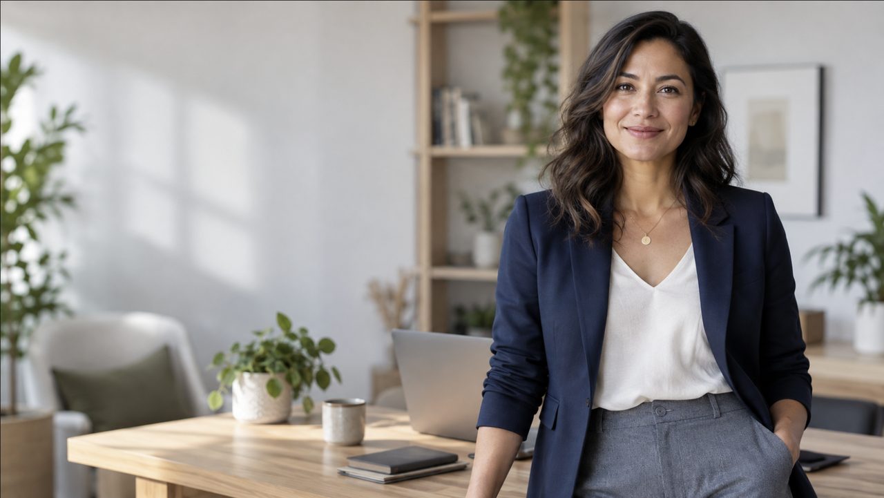 A professional standing at a desk in a bright office, representing a fictional sample workspace.