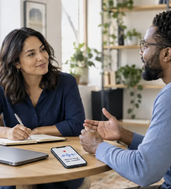 A professional taking notes during a client conversation, with a phone recording with consent