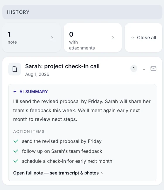 Saved client note with an AI summary and action items
