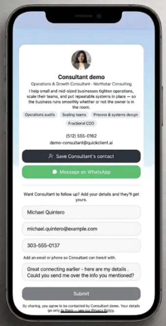 Phone showing a professional's digital business card with save-contact and message options