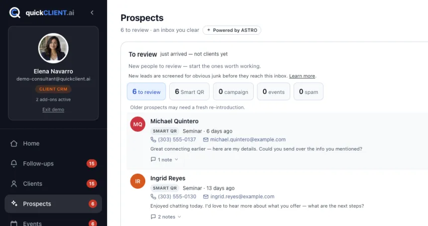Prospects inbox listing new inquiries with their source