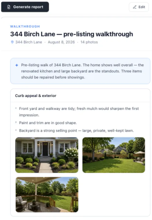 Walkthrough report with a summary, organized observations and photos