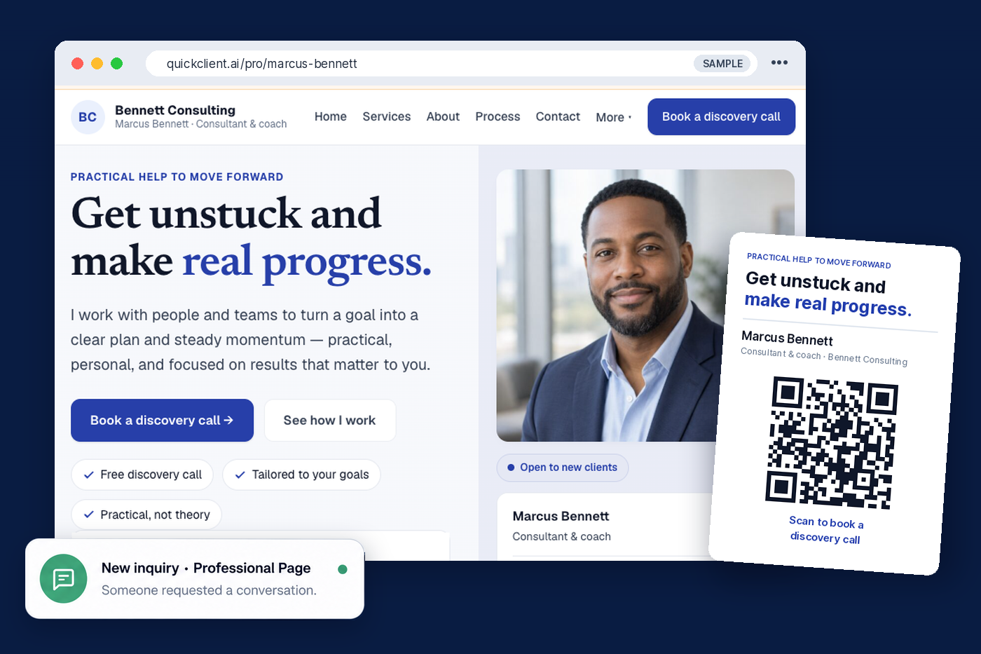 A sample professional page for fictional consultant Marcus Bennett open in a browser, a matching QR card to book a discovery call, and a 'New inquiry · Professional Page' notification.