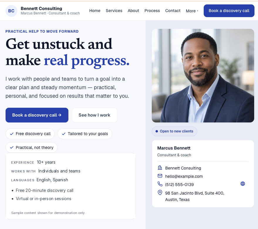 Sample professional page for independent consultant Marcus Bennett of Bennett Consulting — headline 'Get unstuck and make real progress.', photo, experience, languages and a Book a discovery call button.