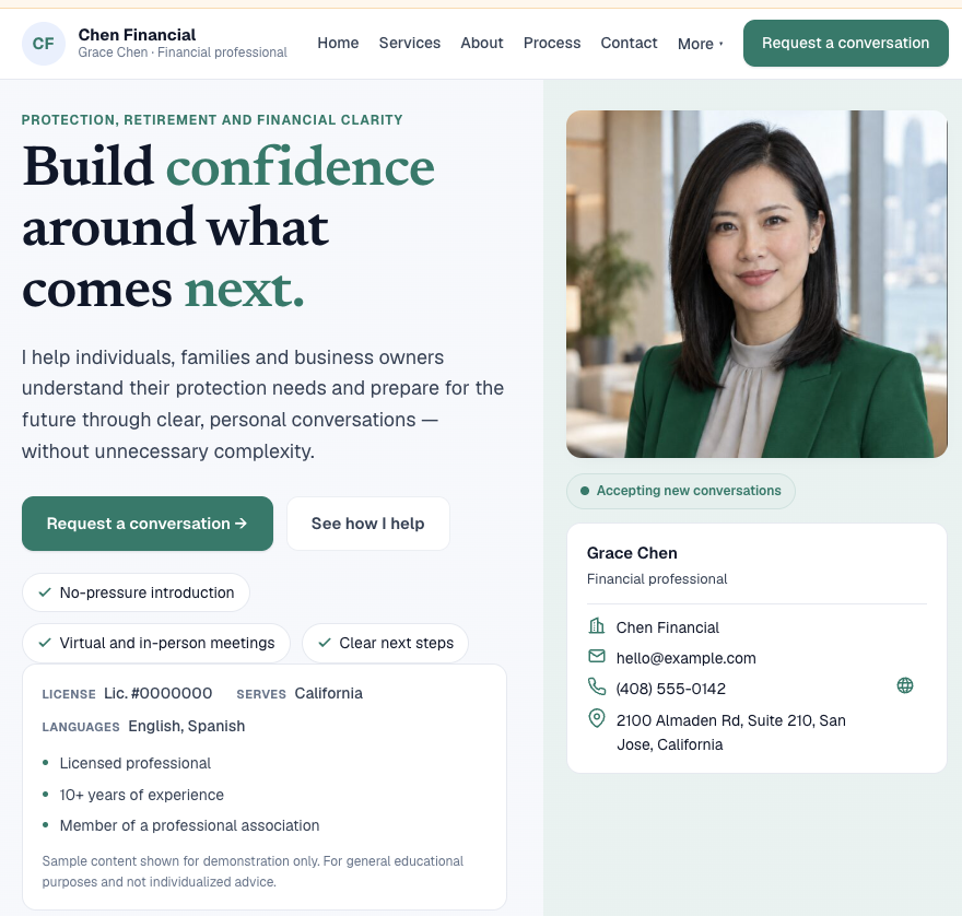 Sample professional page for financial professional Grace Chen of Chen Financial — headline 'Build confidence around what comes next.', photo, and a Request a conversation button.