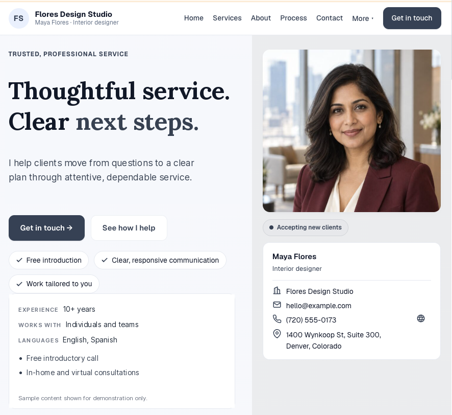 Sample professional page for interior designer Maya Flores of Flores Design Studio — headline 'Thoughtful service. Clear next steps.', photo, experience, languages and a Get in touch button.