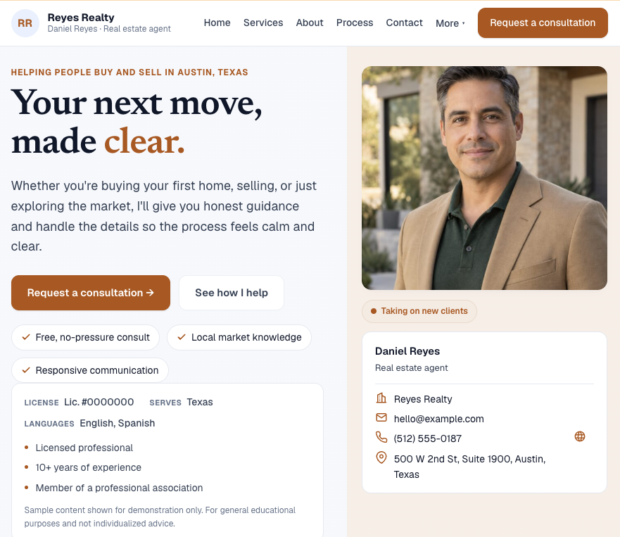 Sample professional page for real estate agent Daniel Reyes of Reyes Realty — headline 'Your next move, made clear.', photo, credentials and a Request a consultation button.